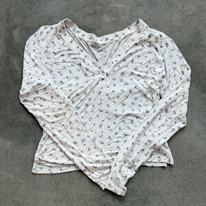 Aerie White and Blue Floral Long Sleeve Henley Top